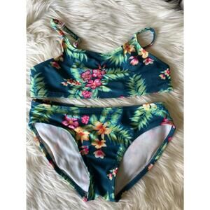 Girl’s Teal with Pink flowers Two-Piece Swimsuit - Medium